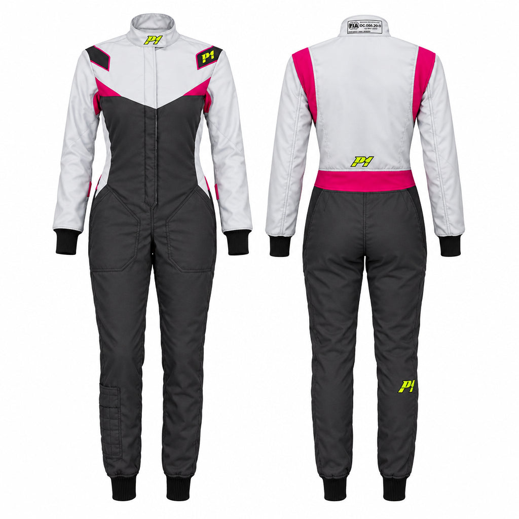 P1 Mid Diva Damen-Rennoverall in Anthrazit, Silber und Pink – FIA 8856-2018