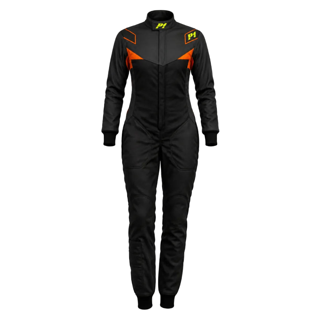 P1 Mid Diva Damen-Rennanzug in Schwarz, Anthrazit und Orange – FIA 8856-2018