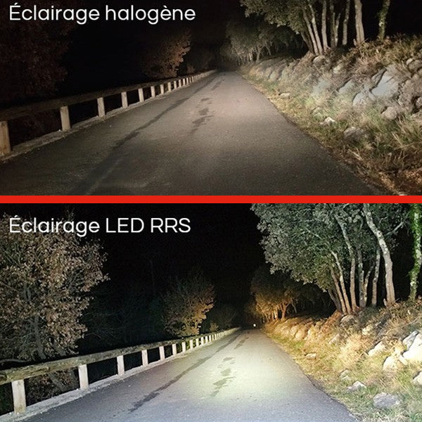 Hersteller-Vergleichsbild der Ausleuchtung mit Halogen und RRS LED
